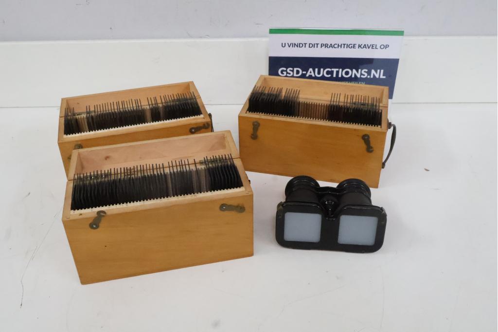 Vintage stereoscoop met 3 kistjes glasdia's, Ophalen of Verzenden
