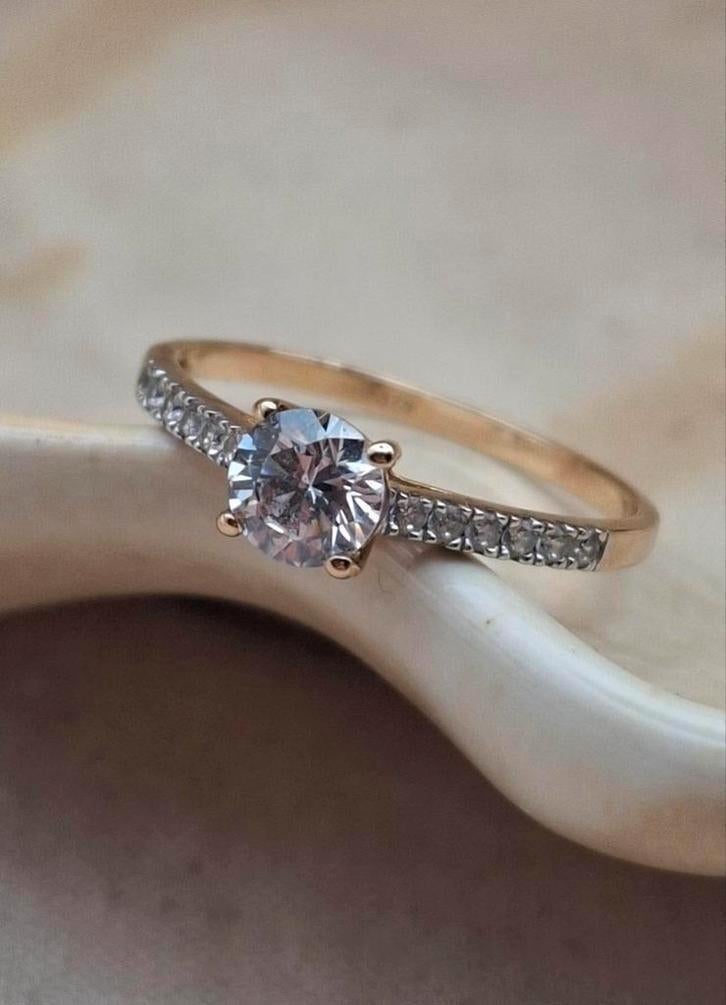 Solitaire pave ring 9 karaat goud 9k 16.6 mm incl. verzenden, Verzenden, Dame, Goud, Goud