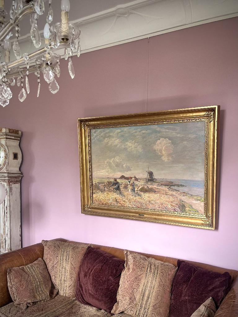 Groot Schilderij! Deens kunstenaar Børge Nyrop verguld lijst, Antiek en Kunst, Ophalen