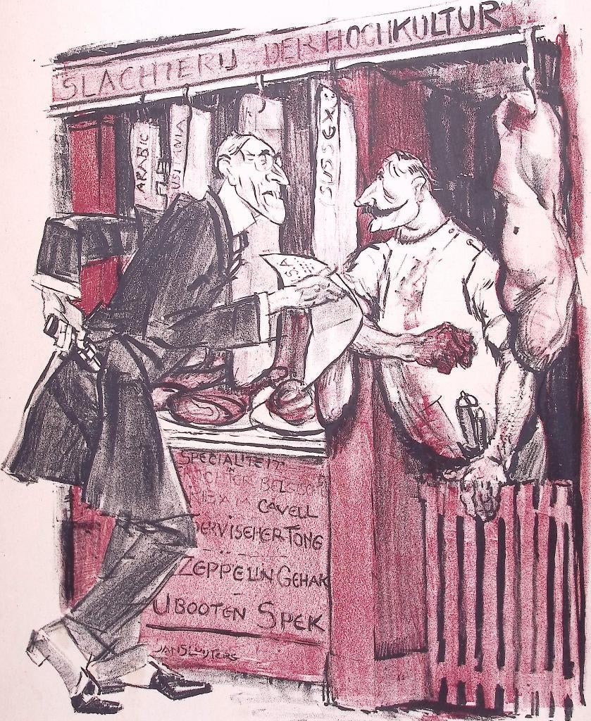 Wilhelm als slager in gesprek met Wilson op spotprent, Ophalen