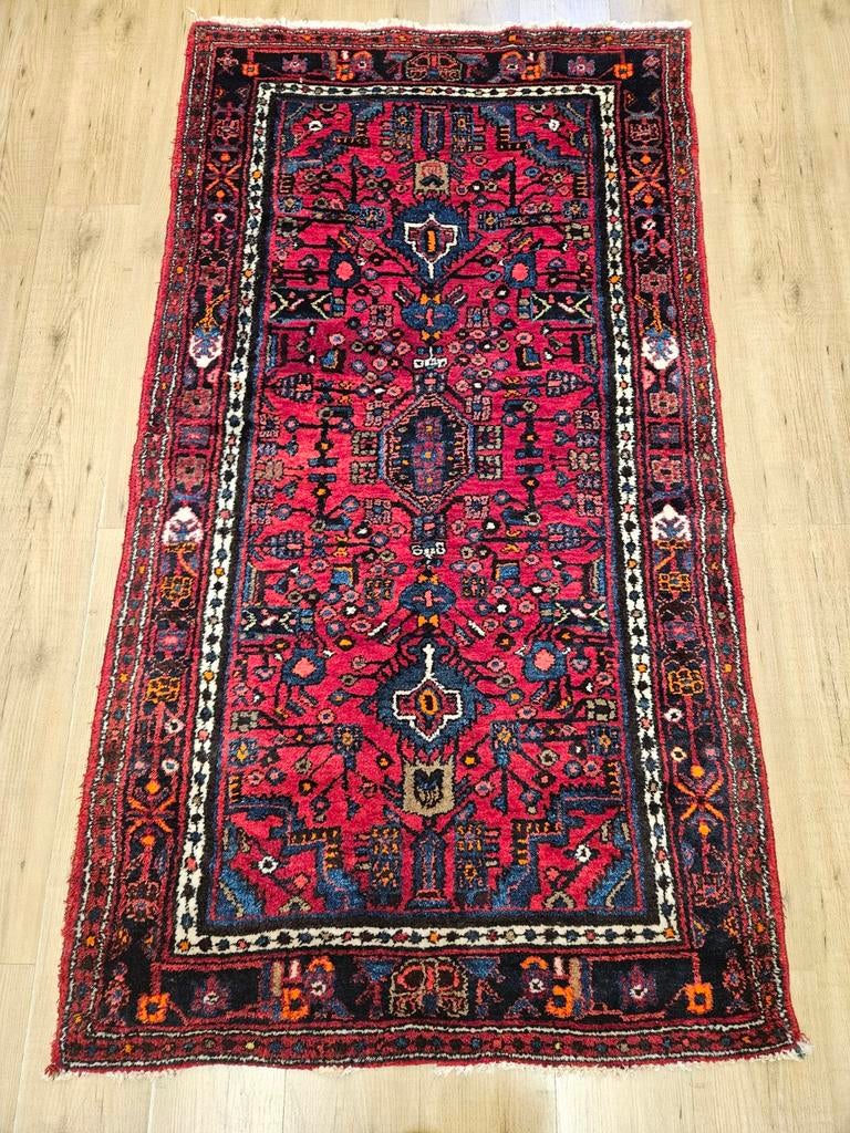 Vintage handgeknoopt perzisch tapijt hamadan 196x106, Info@SlatsAntiek.nl, Tweedehands, 100 tot 150 cm, Perzisch