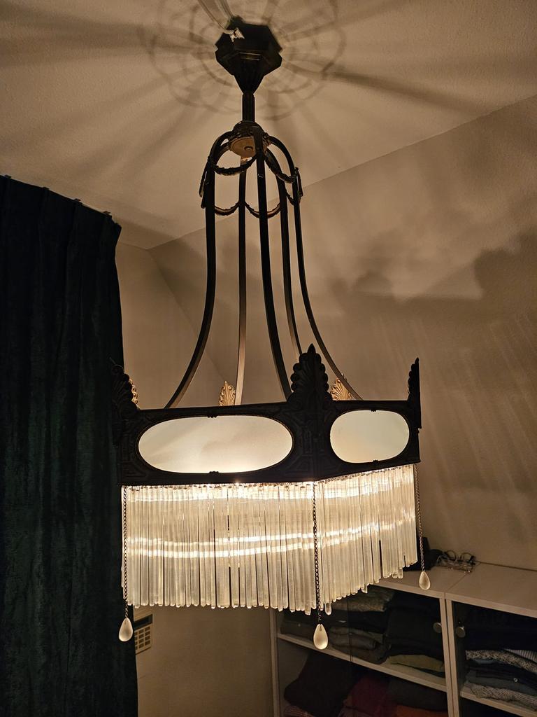 Antieke hanglamp met glazen pegels, Antiek en Kunst, Antiek | Lampen, Ophalen