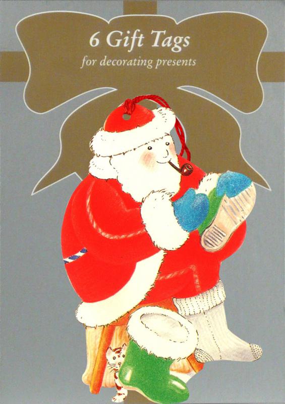 6 Gift Tags: Kerstman trekt laars aan [XT-1235/6], Verzenden