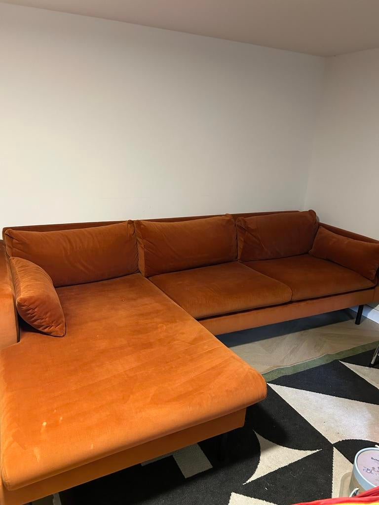 Oranje hoekbank (fluwelen/velvet) 3 zits, Huis en Inrichting, Banken | Bankstellen, Ophalen, 250 tot 300 cm, Gebruikt, Hoekbank