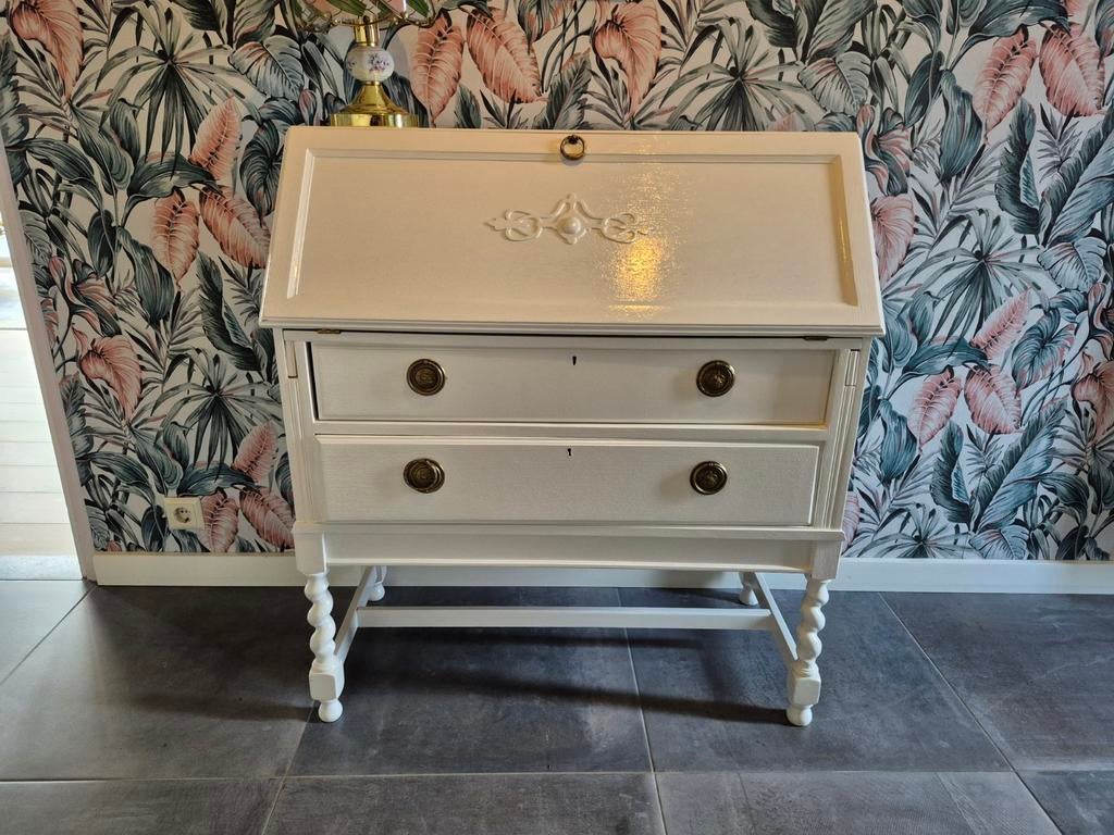 Witte tafel secretaire meubel met 2 lades, Ophalen, Gebruikt, Klassiek