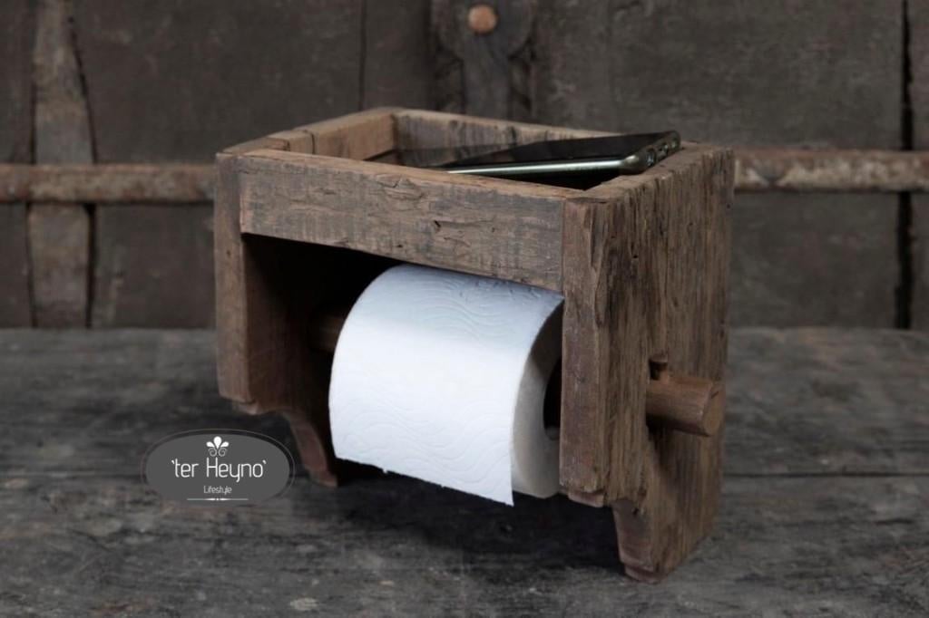 Oud houten toiletrol houder wc hout stoer sober landelijk