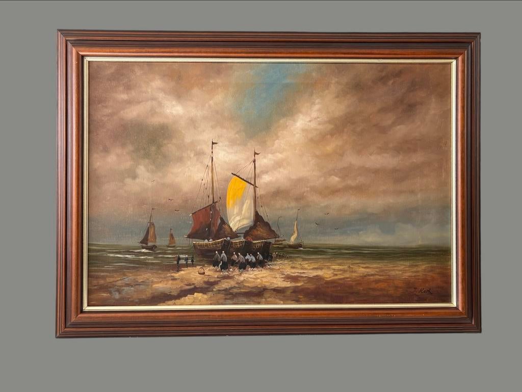 Schilderij van vissersboten op het strand J.KOK, Antiek en Kunst, Kunst | Schilderijen | Klassiek, Ophalen of Verzenden