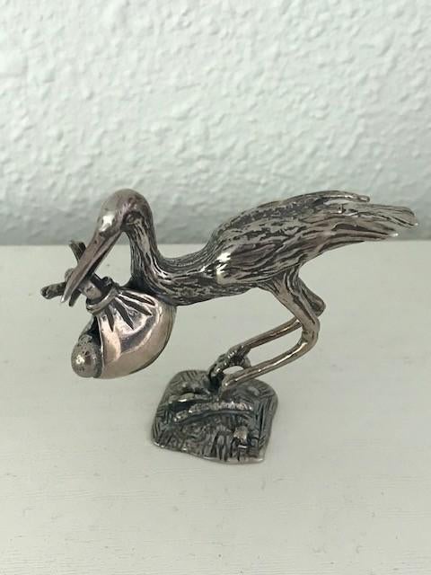 Zilveren 925 miniatuur ooievaar met baby., Ophalen of Verzenden, Zilver