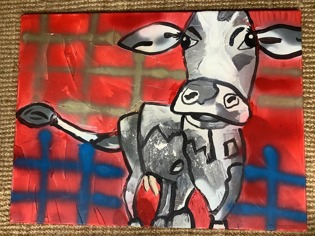 Groot schilderij Hollandse koe voor hek, Ophalen