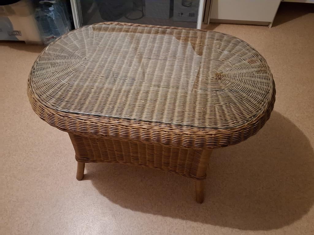 Rieten salontafel met glasplaat - 90x60x55 cm, Huis en Inrichting, Tafels | Salontafels, Ophalen, Gebruikt, 50 tot 100 cm, 50 tot 75 cm
