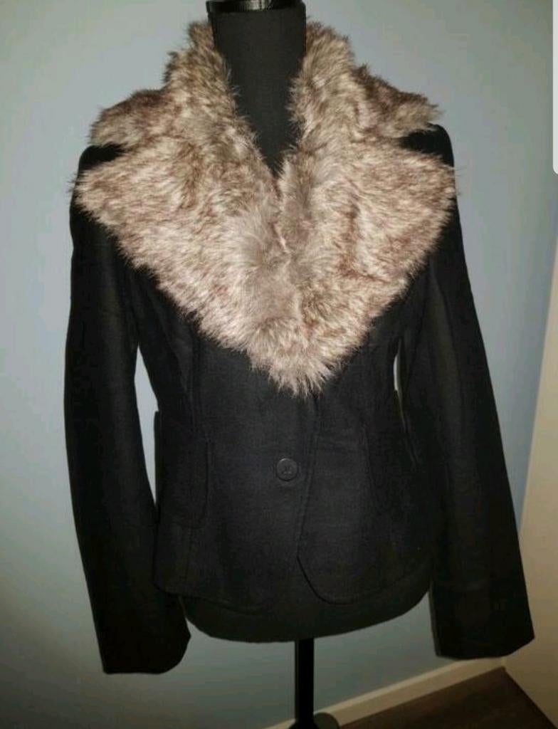 The Barn wolle zwarte kolbert met afneembare (goede nep)bont, Maat 38/40 (M), The Barn, Zwart, Ophalen of Verzenden