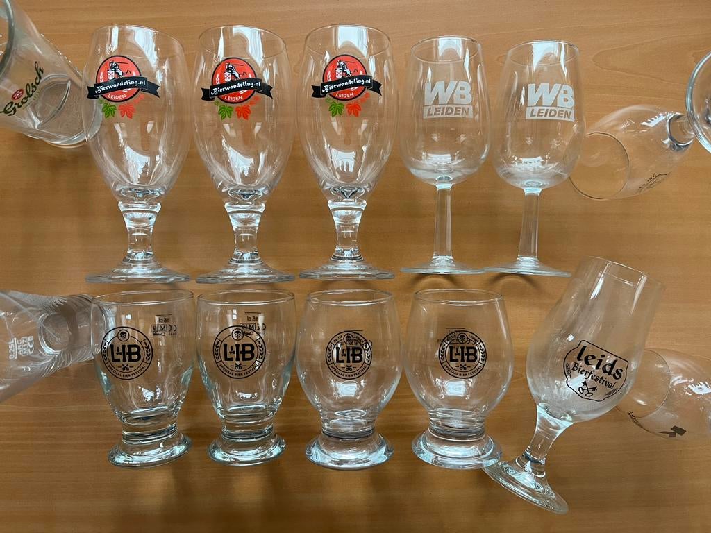 Verzameling 10x Leidse Bierglazen Leiden Leids Bier Glazen, Ophalen of Verzenden, Zo goed als nieuw, Bierglas