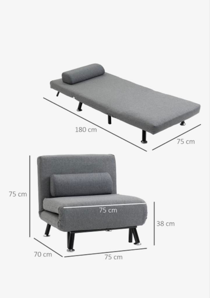 Grijze slaapstoel / loungestoel - 70x180 cm, Zo goed als nieuw, Grijs, Eenpersoons, 70 cm of minder