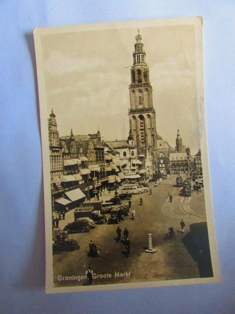 Groningen - Groote Markt met veel bussen en auto's 1949, Verzamelen, Ophalen of Verzenden, 1940 tot 1960, Gelopen, Groningen