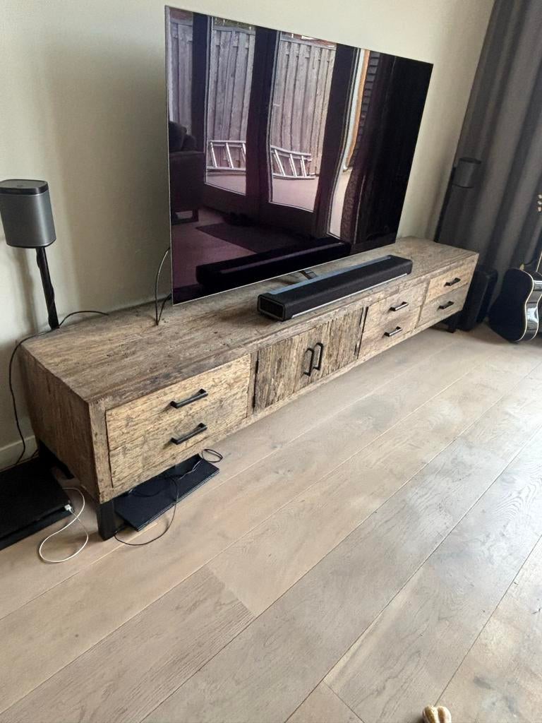 Houten televisiemeubel met lades en deurtjes, Huis en Inrichting, Ophalen, Gebruikt, 150 tot 200 cm, Minder dan 100 cm