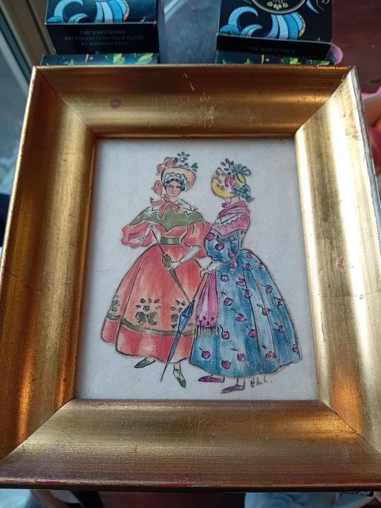 Vintage ingelijst Victoriaans dames print met gouden accente, Minder dan 50 cm, Gebruikt, Ophalen of Verzenden, Minder dan 50 cm