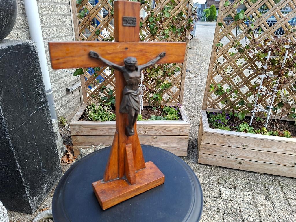 antiek houten altaar kruis met bronsen christus, Ophalen of Verzenden