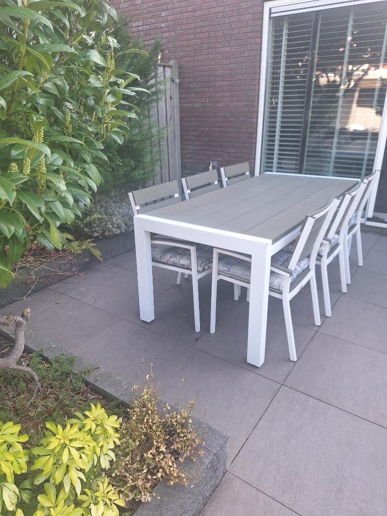 Bois le Duc tuinset (polywood blad) + 6 stoelen met kussens, Ophalen, Gebruikt, 6 zitplaatsen, Aluminium