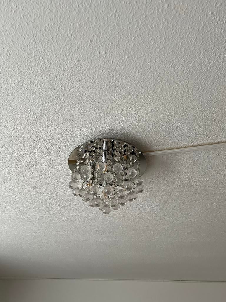 Plafondlamp met kristallen hangers, Ophalen, Gebruikt, Glas