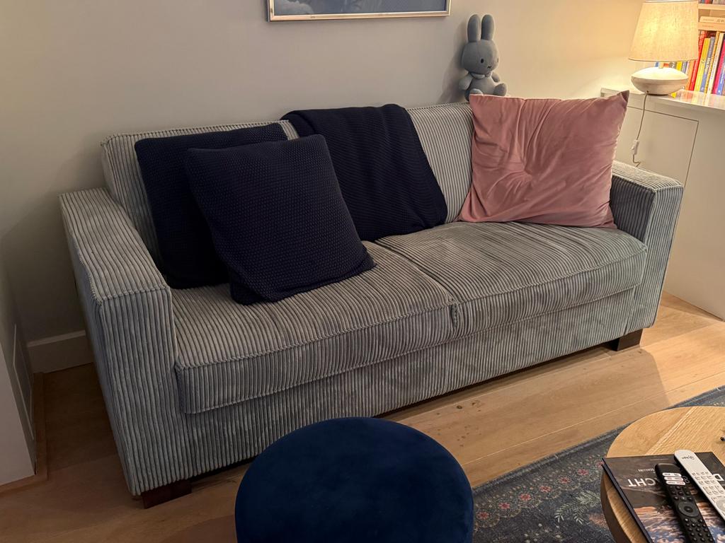 2 zitbanken ribstof blauw grijs, Ophalen, Gebruikt, Tweepersoons, Stof