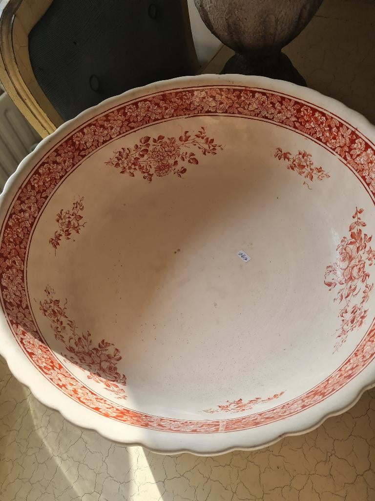 Antieke grote schaal met bloemen beboterd, Ophalen of Verzenden