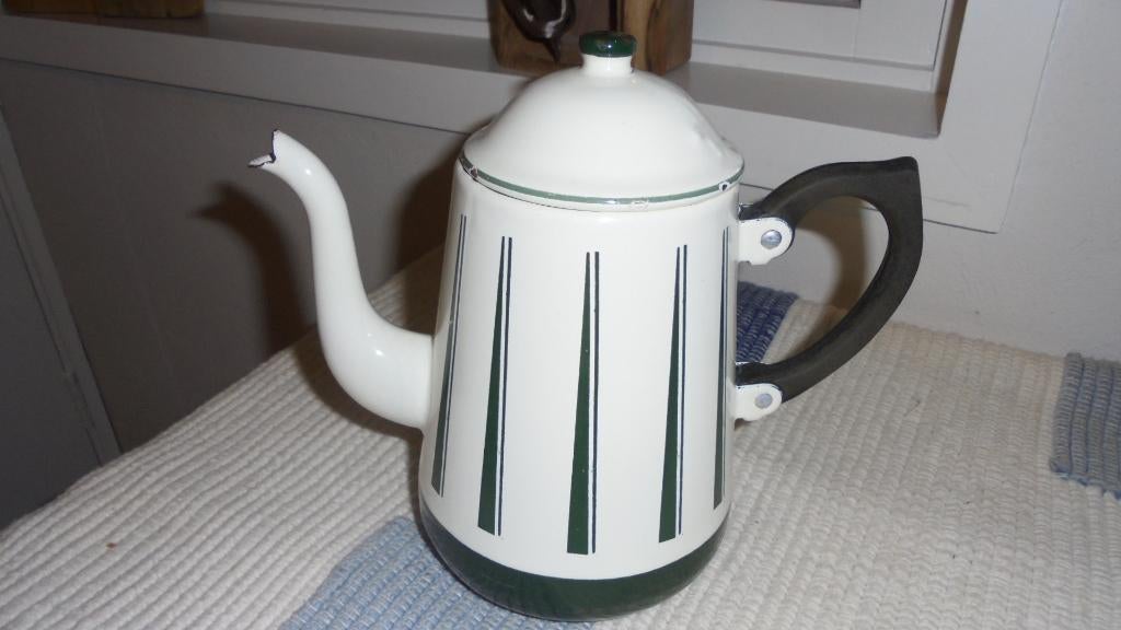 creme/donkergroen emaille koffiekan H20cm, Antiek en Kunst, Antiek | Emaille, Ophalen of Verzenden