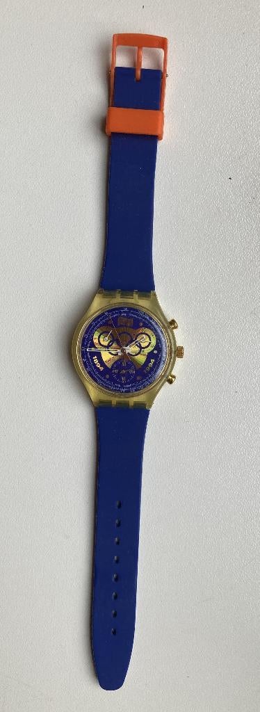 Polshorloge swatch 100 jaar Olympische Spelen ter reparatie, Ophalen of Verzenden, Gebruikt, Blauw, Staal