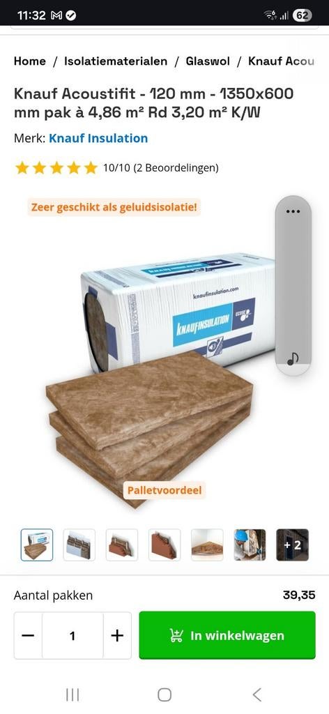 Knauf Acoustifit isolatie 120mm dik - 6 pakken, Doe-het-zelf en Verbouw, Isolatie en Afdichting, Ophalen, 12 cm of meer, Nieuw