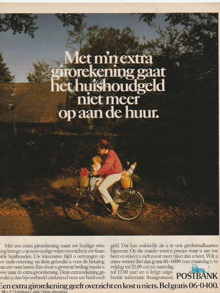 Retro reclame 1986 Postbank rekening kindje & moeder fiets, Verzamelen, Verzenden, Overige typen