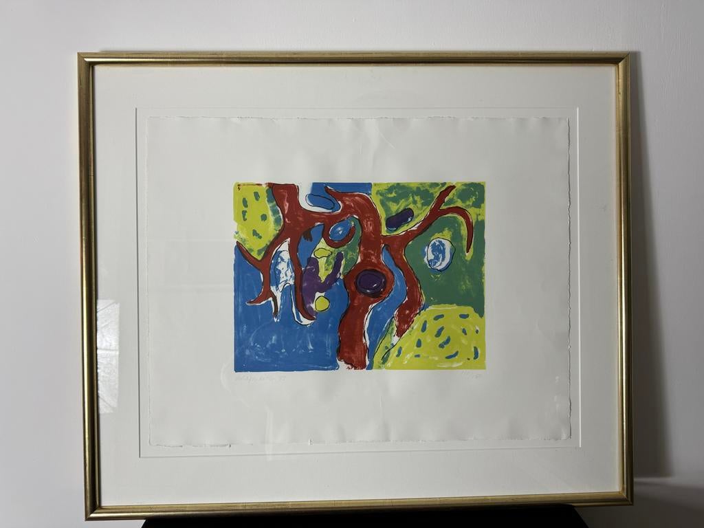 Cobra stijl schilderij print , gesigneerd en ingelijst, Antiek en Kunst, Kunst | Schilderijen | Modern, Ophalen of Verzenden