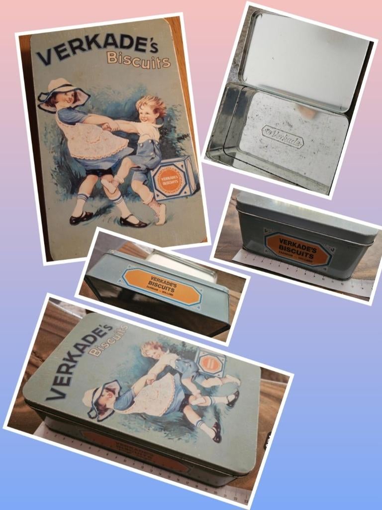 Verkade koek blik dansende kinderen prachtige kleur vintage!, Ophalen of Verzenden, Gebruikt, Koek(jes), Verkade