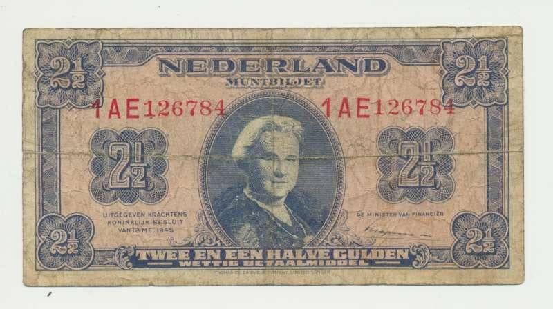 Nederland 2,5 Gulden 1945 Wilhelmina, Ophalen of Verzenden, 2½ gulden, Los biljet