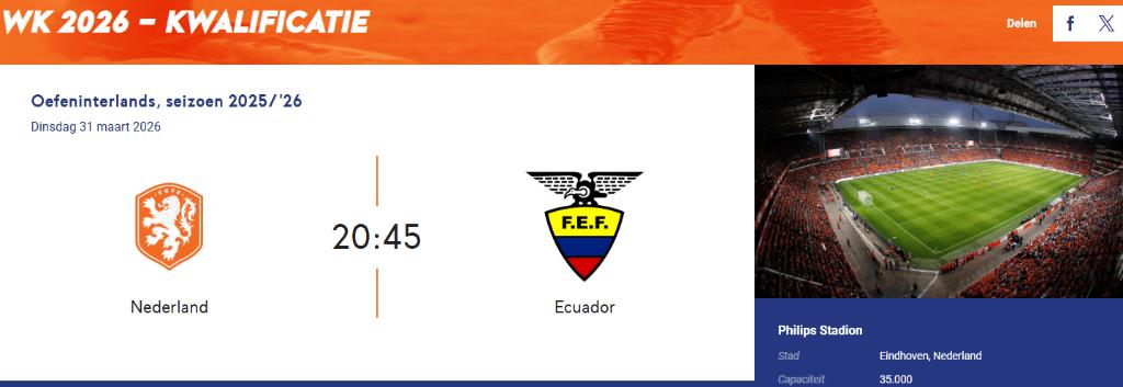 Nederland - Ecuador, Tickets en Kaartjes, Eén persoon, Maart