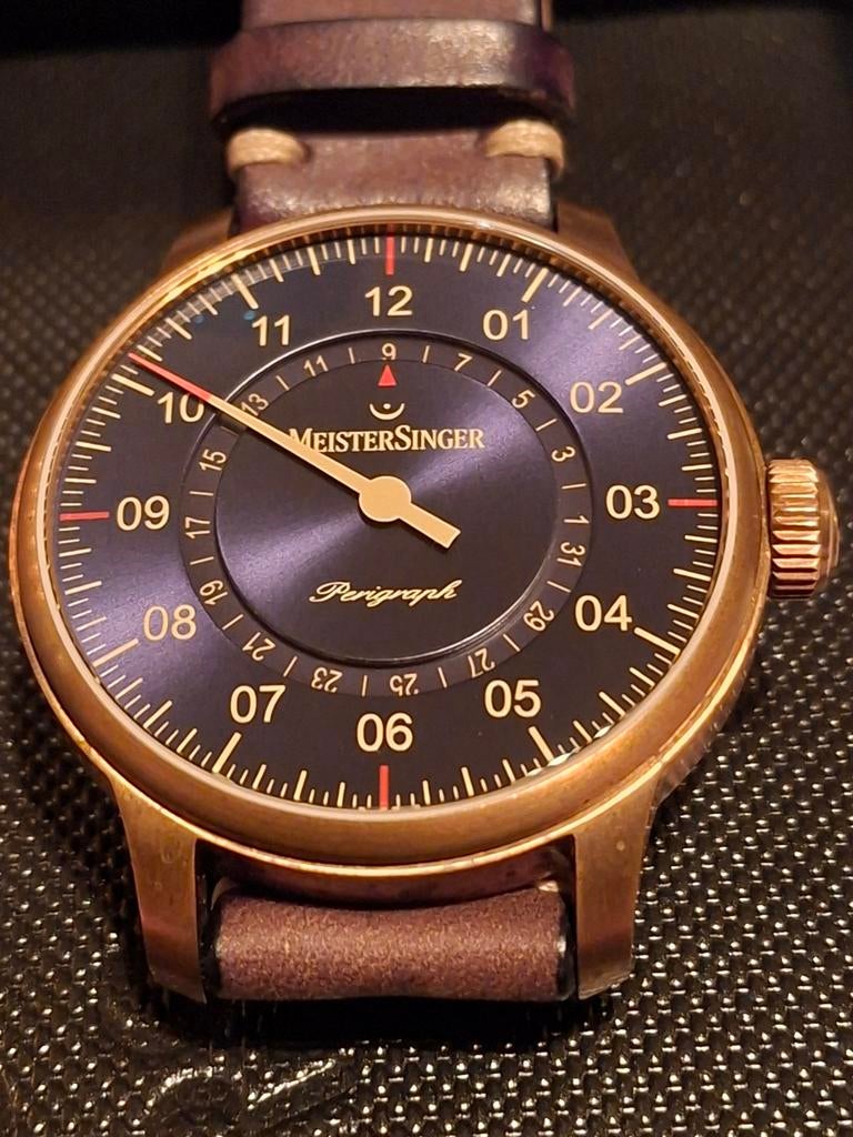 Meistersinger Perigraph Bronze automatic 43mm., Overige merken, Overige materialen, Leer, Polshorloge