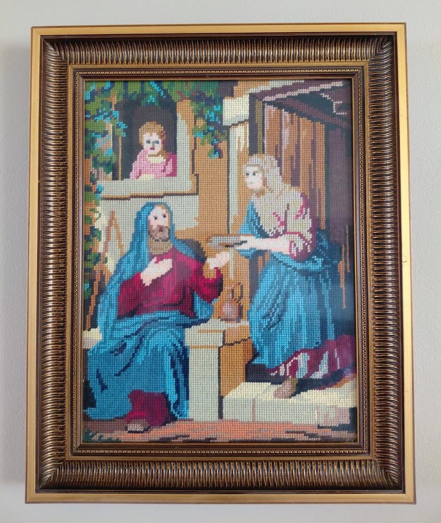 Geborduurd schilderij met Bijbels tafereel, Antiek en Kunst, Ophalen