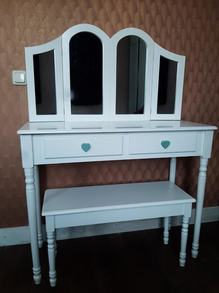 Witte kaptafel met lades, spiegel en bankje voor meisjes, Ophalen of Verzenden, Gebruikt, Tafel(s) en Stoel(en)