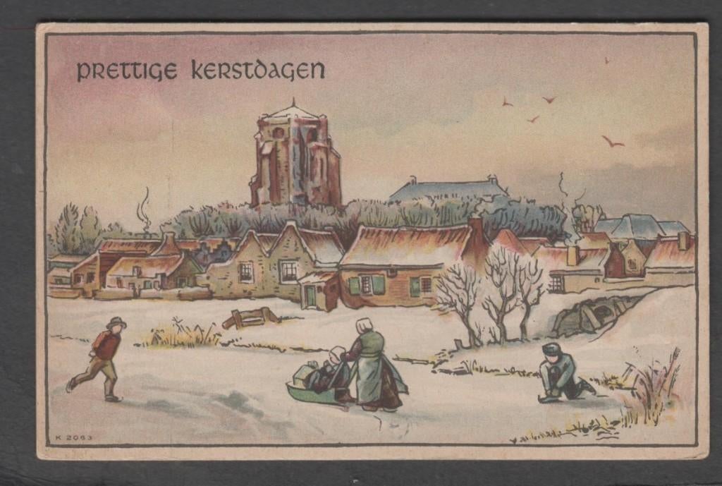 Schaatsen Slee Kerk  Dikke kartonnen kaart 1944 gelopen, Verzamelen, Ansichtkaarten | Themakaarten, Verzenden, 1940 tot 1960, Ongelopen