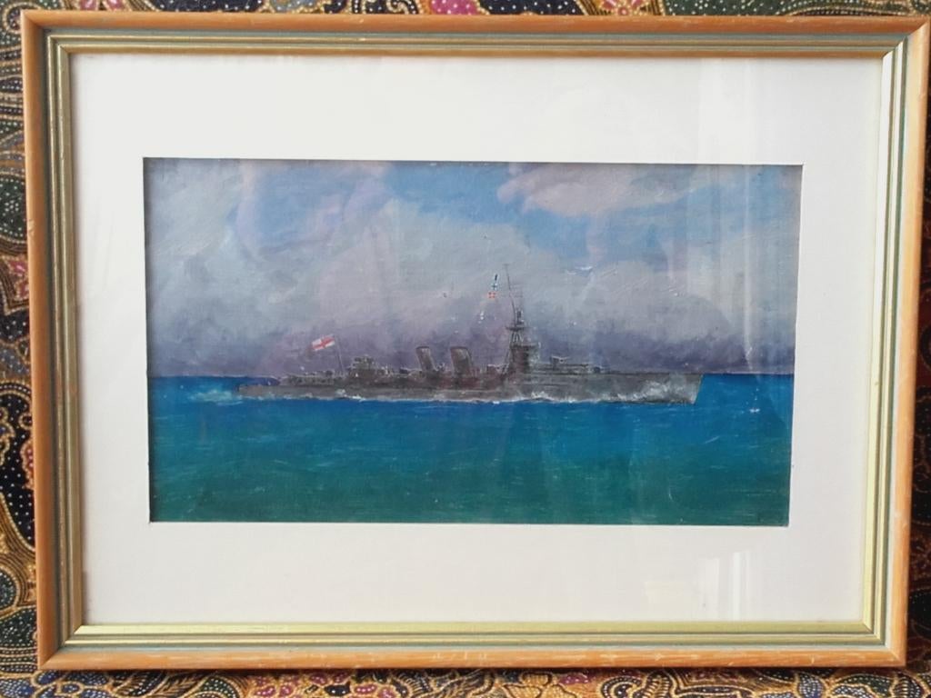 Mooi oud Engels ingelijst schilderij met een oorlogsschip.