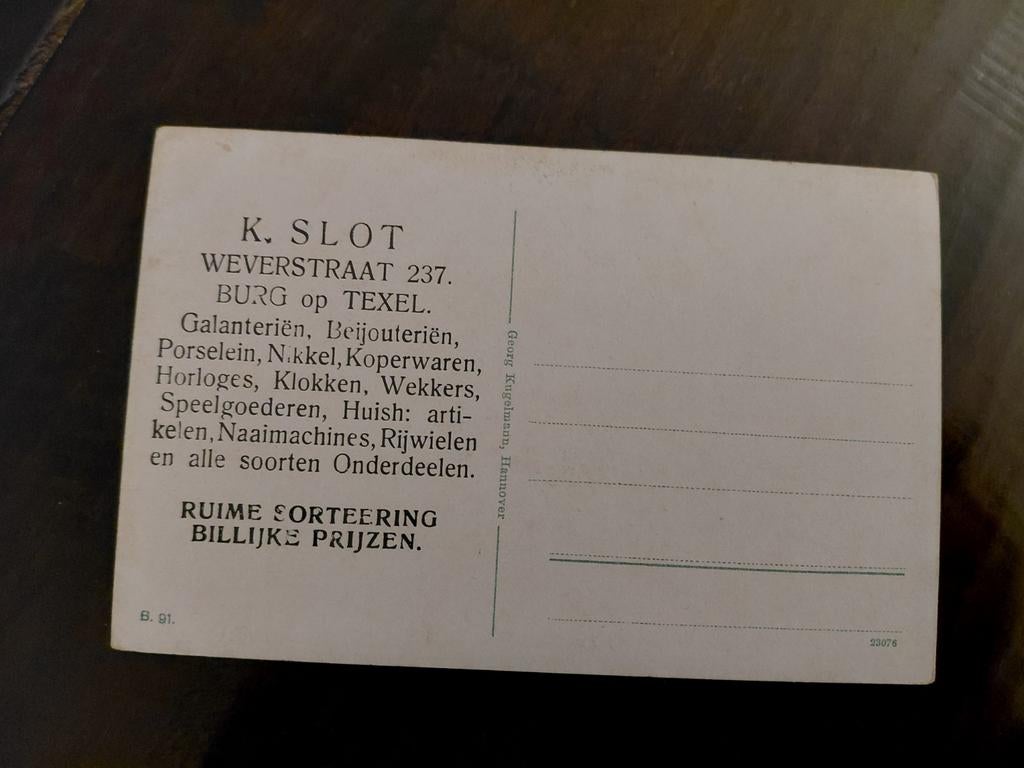 RECLAMEKAART   K. SLOT   Weverstraat 237  BURG opTEXEL, Ophalen of Verzenden, 1920 tot 1940, Ongelopen
