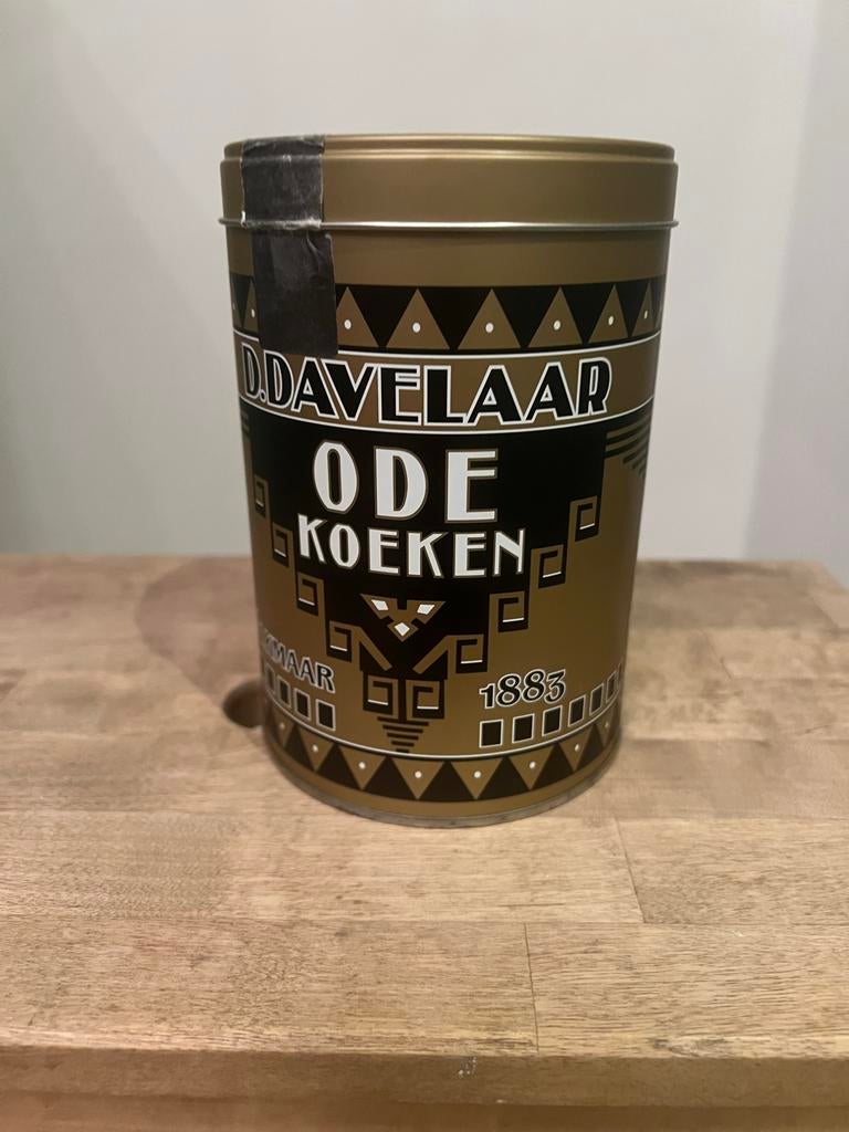D. Davelaar Odekoeken blik gouden kleur Alkmaar, Ophalen of Verzenden, Gebruikt, Koek(jes), Overige merken