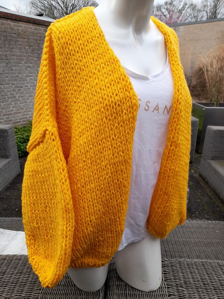 Nieuw handgebreid oversized vest model Kiro by Kim, Ophalen of Verzenden, Nieuw, Geel