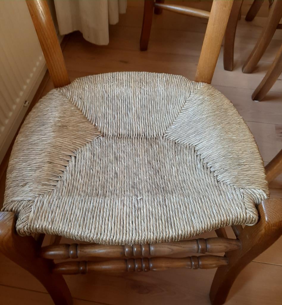 4 Eetkamerstoelen met biezen matten, Ophalen, Gebruikt, Bruin, Vier