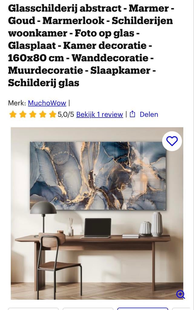 Glazen schilderij acryl (NIEUW IN DOOS) - Marmerlook 160x80, Ophalen, 50 tot 75 cm, Overige typen, Nieuw