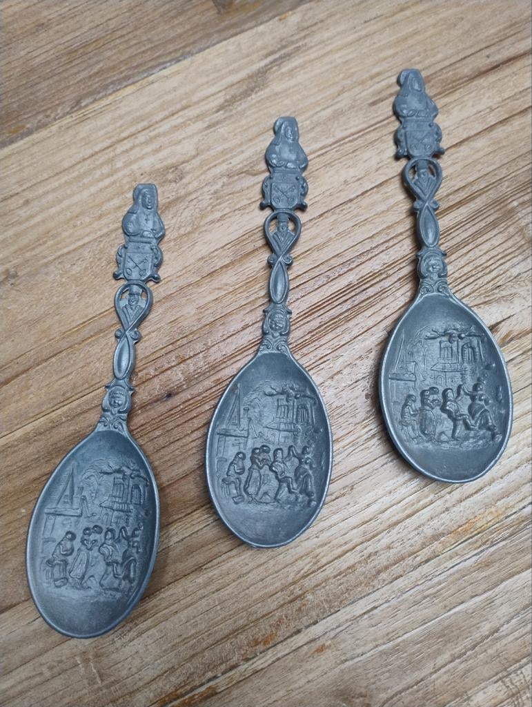 3 Tinnen lepels Jan Steen feestelijk tafereel, Antiek en Kunst, Ophalen of Verzenden