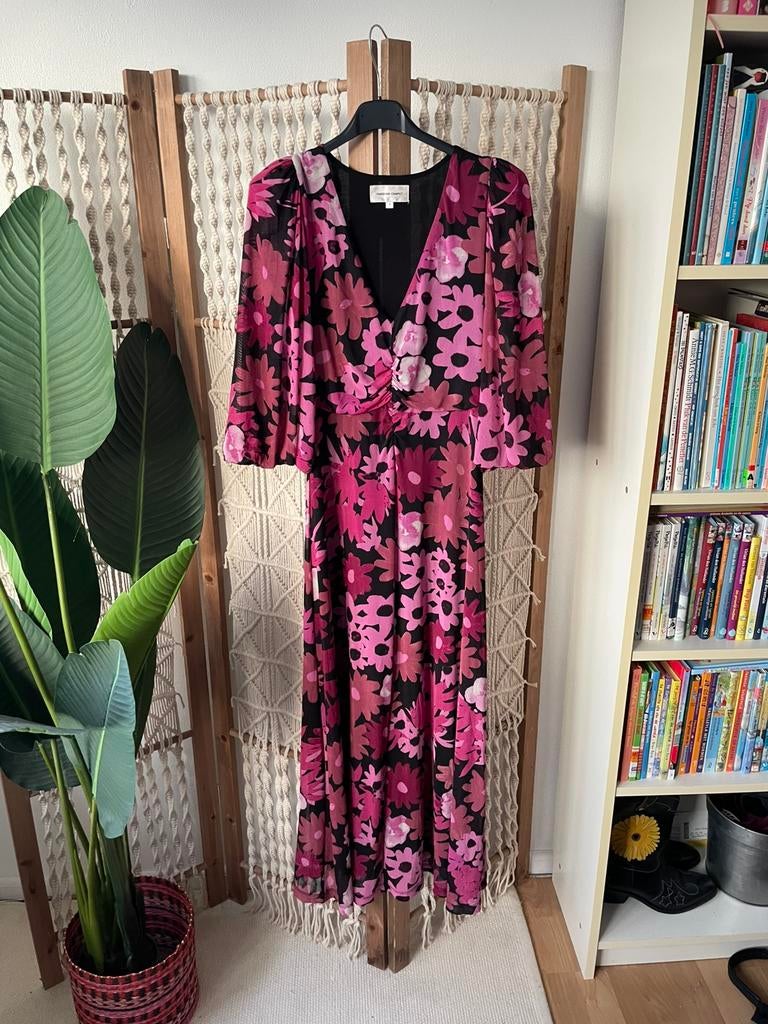 Fabienne Chapot jurk v-hals bloemen maxi roze zwart 36/s, Ophalen of Verzenden, Zo goed als nieuw, Roze, Maat 36 (S)
