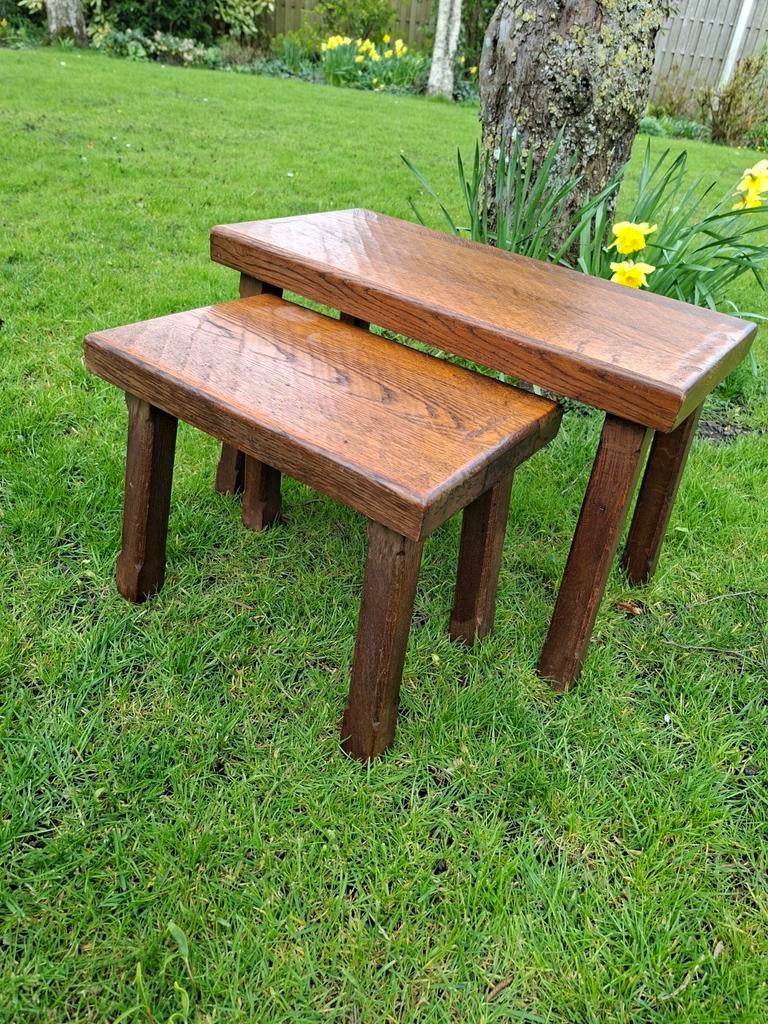 Brutalist Houten Miniset van 2 Delige Bijzettafels, Huis en Inrichting, Tafels | Bijzettafels, Ophalen, Minder dan 45 cm, Minder dan 55 cm