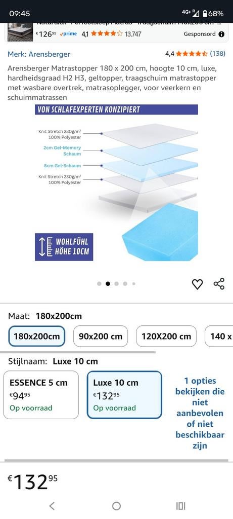 Matrastopper Arnsberg 10cm memoryschuim 180x200 nieuw, Ophalen, Matras, 180 cm, 200 cm