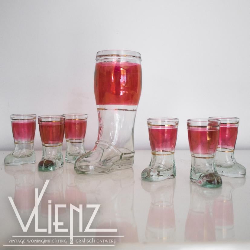 Vintage, retro borrelset, karaf borrelglaasjes laars, Gebruikt, -, -, Ophalen of Verzenden