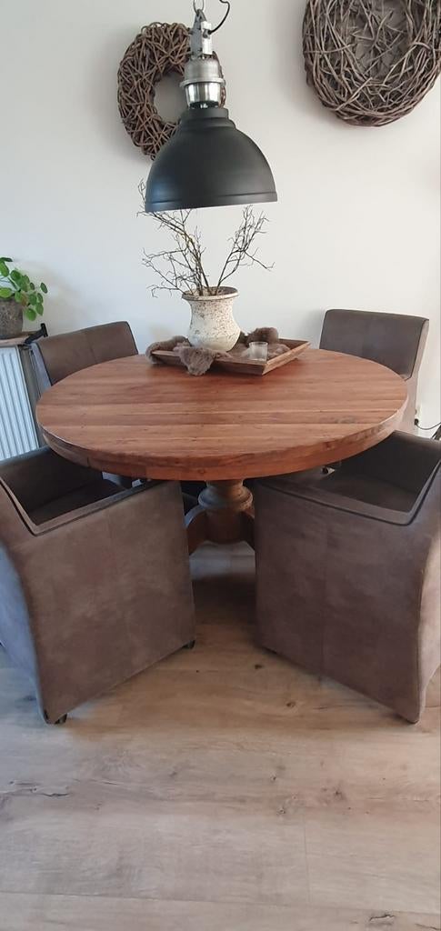 Ronde eiken tafel met robuuste poot, Ophalen of Verzenden