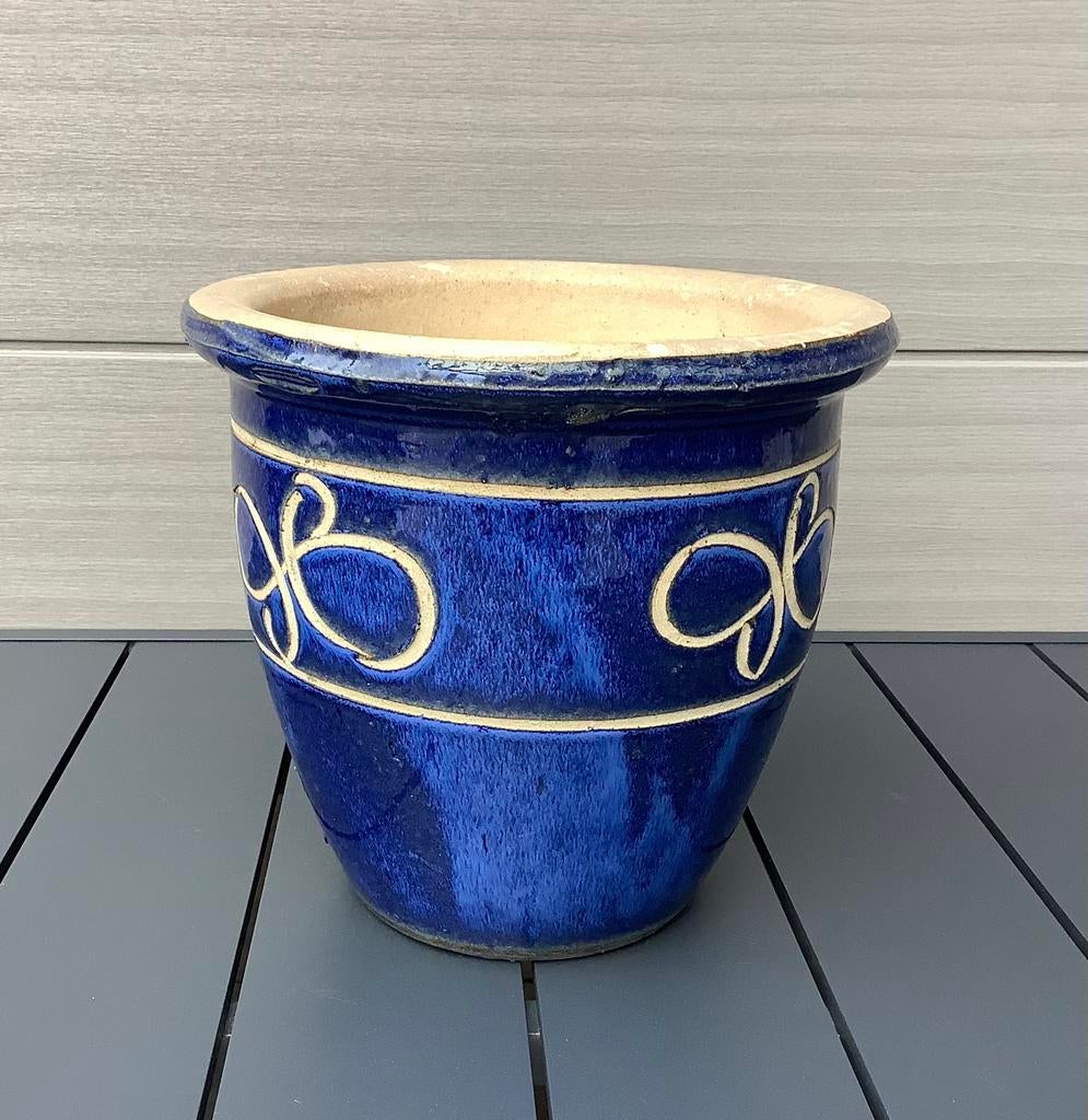 Mooie geglazuurde blauwe bloempot voor buiten., Rond, Zo goed als nieuw, Minder dan 40 cm, Aardewerk